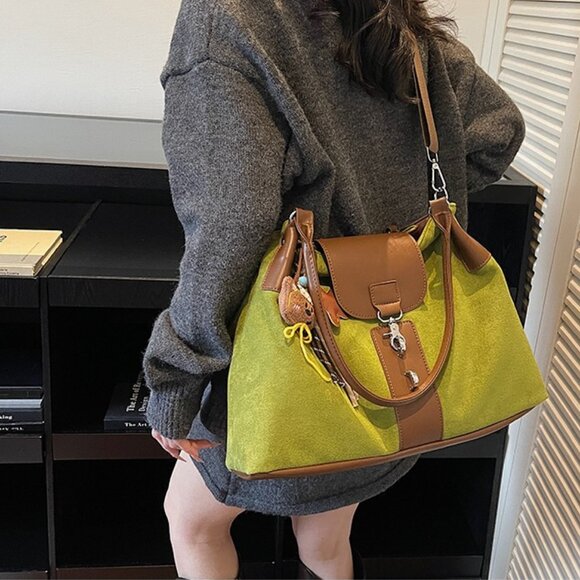 Handwork Handbags - Chartreuse Suede Look Tote Bag - Crossbody Strap & Casual Cool!
